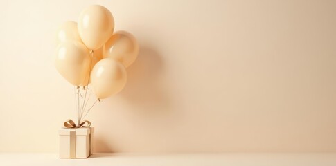 Cluster of beige balloons beside a tied gift; soft, light background, minimal, present
