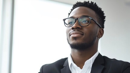 A young man in a suit and glasses looking out a window with a thoughtful expression.