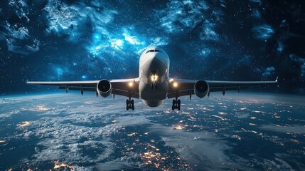 A commercial airplane flying over a starry, blue and green planet with illuminated cities below.