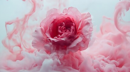 Fototapeta premium Delicate pink rose blooms amidst swirling soft clouds of rosy smoke against a light background