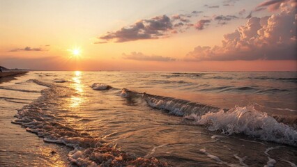 Naklejka premium Serene ocean waves gently lapping at the shore at sunset 