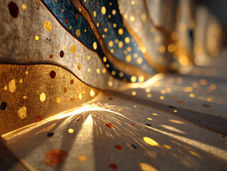 vibrant and abstract scene featuring flowing, translucent fabrics in shades of gold and brown, adorned with colorful, glowing spheres scattered throughout the space. The background is a gradient