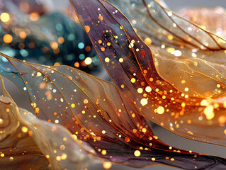 vibrant and abstract scene featuring flowing, translucent fabrics in shades of gold and brown, adorned with colorful, glowing spheres scattered throughout the space. The background is a gradient