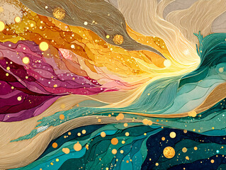 vibrant and abstract scene featuring flowing, translucent fabrics in shades of gold and brown, adorned with colorful, glowing spheres scattered throughout the space. The background is a gradient