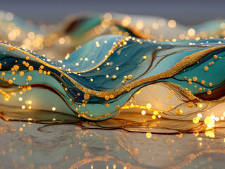 vibrant and abstract scene featuring flowing, translucent fabrics in shades of gold and brown, adorned with colorful, glowing spheres scattered throughout the space. The background is a gradient