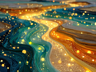 vibrant and abstract scene featuring flowing, translucent fabrics in shades of gold and brown, adorned with colorful, glowing spheres scattered throughout the space. The background is a gradient
