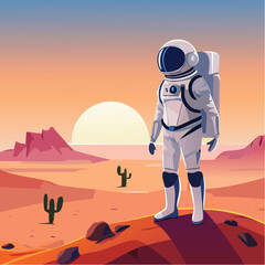 Obraz premium Astronaut Contemplating a Vibrant Sunset Over a Calm Body of desert land
