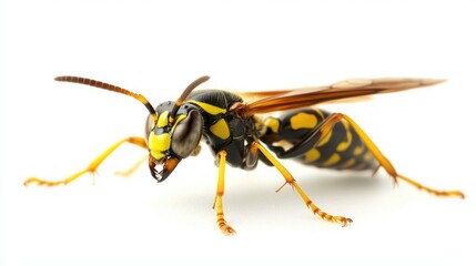 A yellow and black wasp with yellow and black spots on its wings and legs, standing on a white background.