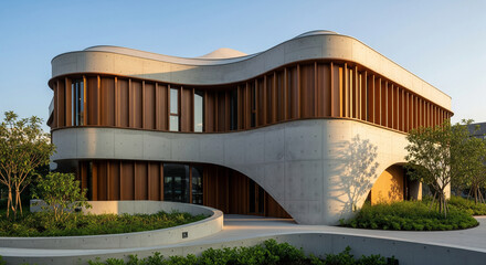 Modern Concrete Building with Curvilinear Wooden Facade
