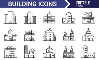 Obraz premium Set of Skyscraper, Office, and Church Icons