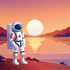 Obraz premium Astronaut Contemplating a Vibrant Sunset Over a Calm Body of desert land