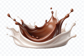 abstract 3d smooth liquid chocolate with white milk splash in crown style isolated on transparent background	
