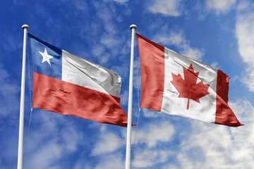 Flags of Chile and Canada Waving Together Against a Dynamic Blue Sky, Symbolizing Strong Diplomatic...
