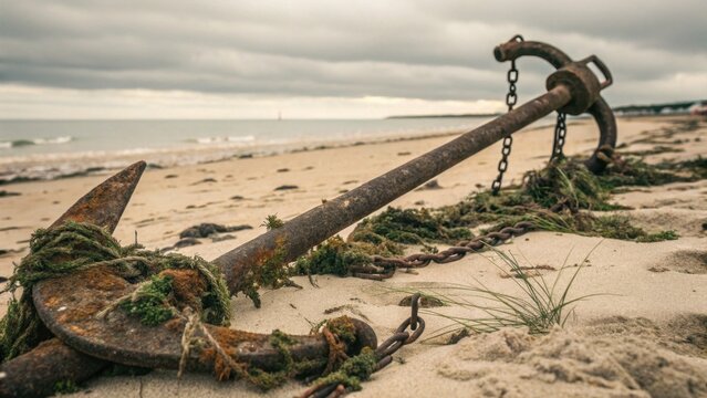Rusty anchor covered in seaweed on sandy beach by the ocean   - Powered by Adobe