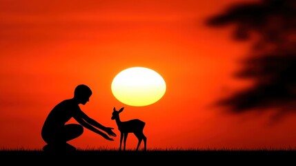 Obraz premium A silhouette of a person reaching out to a small deer against a vibrant orange sunset sky.