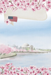 Cherry Blossom Festival in Washington DC. Jefferson Memorial during sakura.Lake with pink trees in the background. Postcard or template background. Watercolor illustration. Hand drawing.
