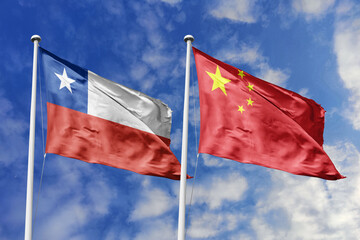 Flags of Chile and China Waving Together Against a Blue Sky, Symbolizing International Relations and Cooperation