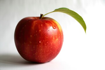 Vibrant red apple with water droplets and green leaf against white background healthy fruit and fresh food concept
