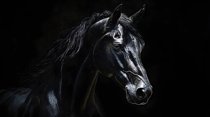 Majestic Black Horse in Profile Against Dark Background