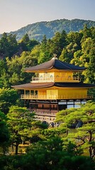 Kinkaku Temple's golden facade rises majestically amidst lush Kyoto greenery against distant mountains under the warm sun