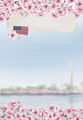 Cherry Blossom Festival in Washington DC. Jefferson Memorial during sakura.Lake with pink trees in the background. Postcard or template background. Watercolor illustration. Hand drawing.
