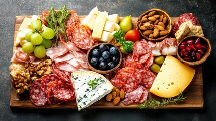 Elegant Charcuterie Board with Assorted Cheese, Meats, and Fruits