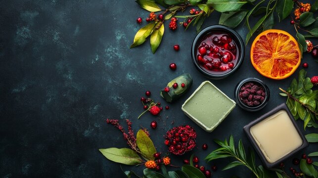 Top view of spices citrus and herbs on dark slate for culinary healthy food photography branding visuals