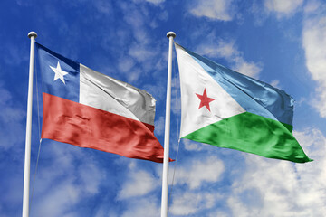 Flags of Chile and Djibouti Waving Proudly Together Against a Dynamic Blue Sky, Symbolizing...