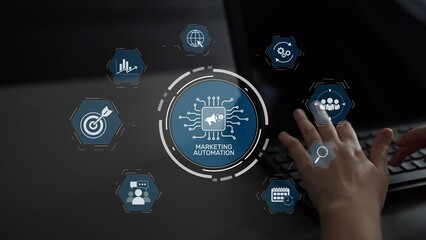 Obraz na płótnie Canvas Marketing automation diagram showcase AI-driven campaign workflow, highlight marketing automation, data-driven strategy, marketing automation tools, and market automation process in business. Muxer