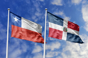 Flags of Chile and the Dominican Republic Waving Side-by-Side Against a Bright Blue Sky,...