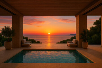 Sunset reflecting on a tranquil pool.