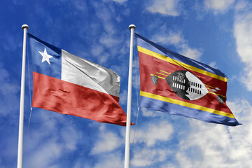 Flags of Chile and Eswatini (Swaziland) Waving Together Against a Vibrant Blue Sky, Symbolizing...