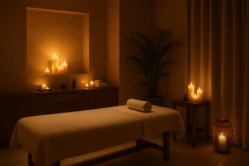 Massage bed surrounded by glowing candles in a serene room.