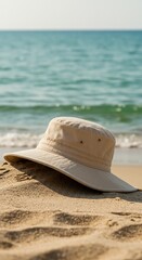 Beige Sun Hat Resting on Sandy Beach Near Ocean
