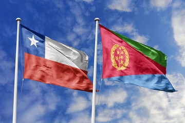 Flags of Chile and Eritrea Waving Proudly Together Against a Dynamic Blue Sky, Symbolizing...