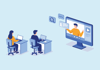 Online Learning and Virtual Classroom Concept with Students, Instructor, and Video Conference - Remote Education Illustration