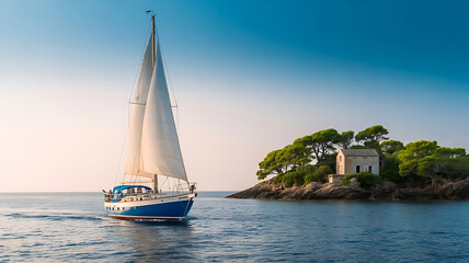 Sailboat Sailing Near Island With Trees And House On Calm Sea