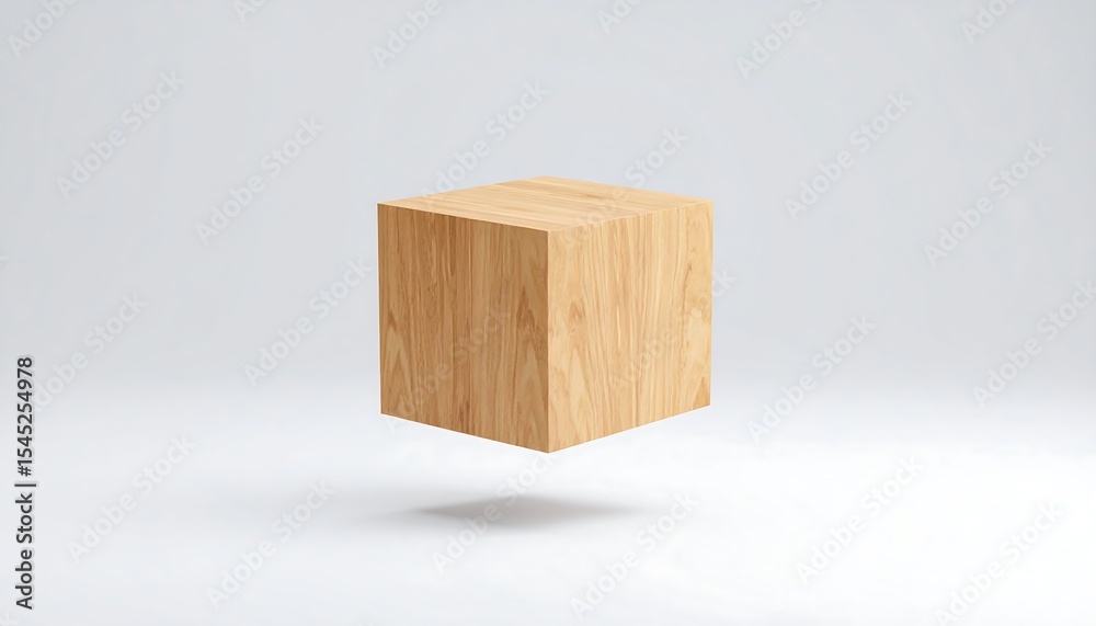 Poster wooden cube floating on white background.
