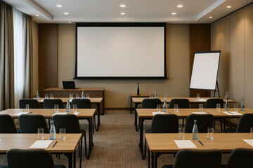 Projector screen displaying a nature scene, empty chairs arranged in a seminar room.