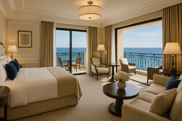 Large bed facing balcony view.