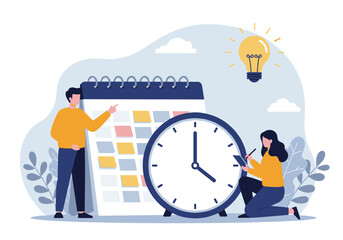 An illustration shows a man standing and pointing at a calendar with sticky notes, while a woman kneels beside a large clock, writing on a notepad, all set against a light blue background