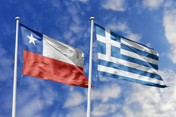 Flags of Chile and Greece Waving Gracefully Against a Bright Blue Sky, Symbolizing Diplomatic Unity...
