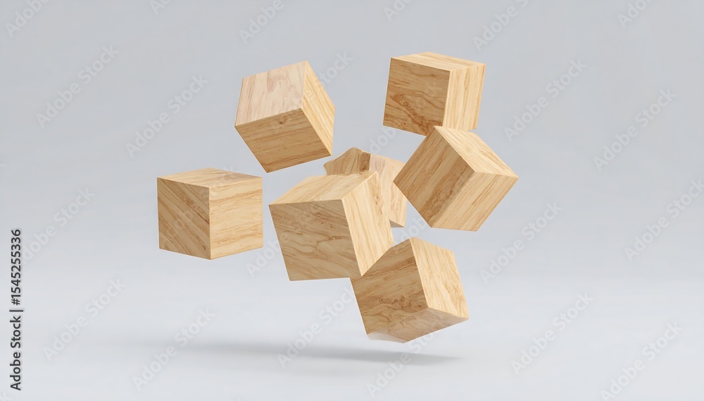 Poster wooden cubes floating with abstract background.