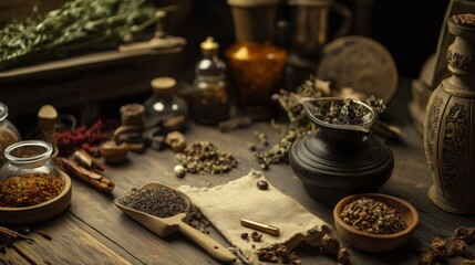 Fototapeta premium Rustic herbal apothecary table with jars and mortar for ancient medicine and botanical photography setup