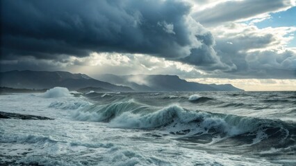 Fototapeta premium Dramatic ocean waves under cloudy sky at coastal landscape 