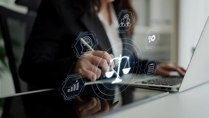 Futuristic digital law interface displaying justice scale, highlighting digital law, AI compliance,...