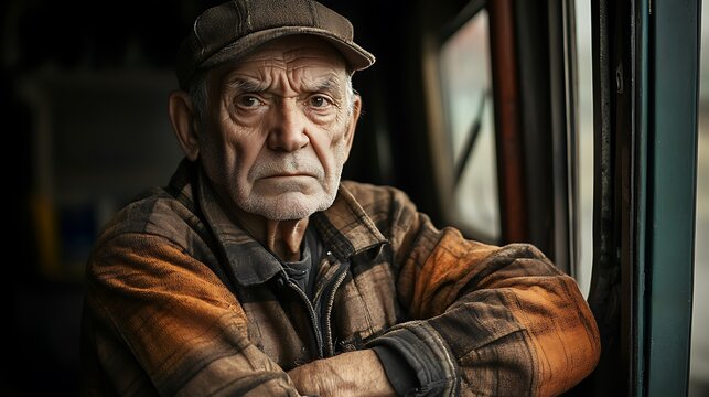 Serious elderly European man wearing a cap and jacket poses with arms crossed near a window - Powered by Adobe