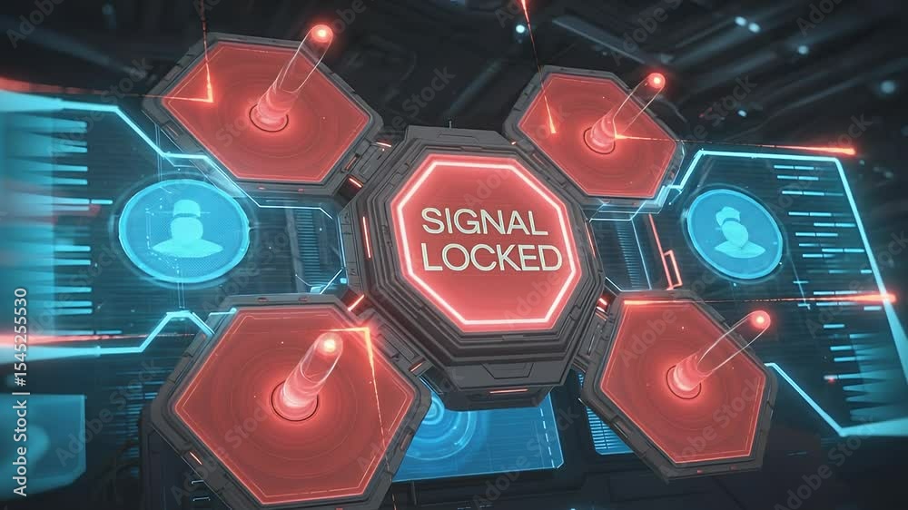 Poster signal locked: a visually engaging, futuristic interface displays a 'signal locked' message at its c