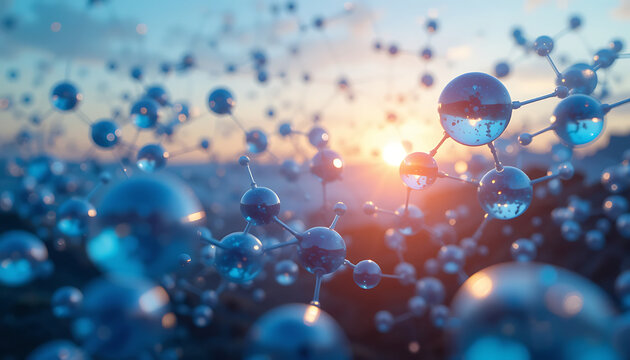 Close-up view of water molecules reflecting sunlight at dawn, illustrating nature's beauty and science