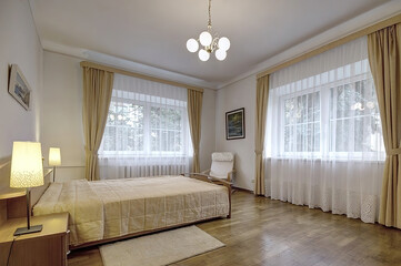 Modern luxury bedroom interior in minimal scandinavian style, 3d render